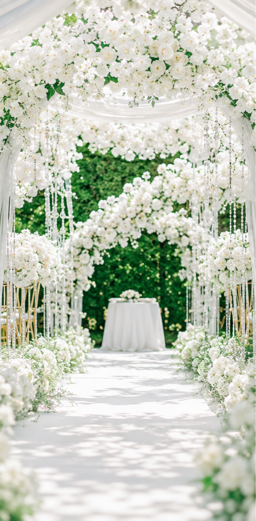 Gold Package — white floral arch walkway