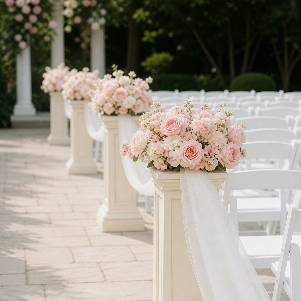 Outdoor ceremony aisle with white chairs and blush rose arrangements