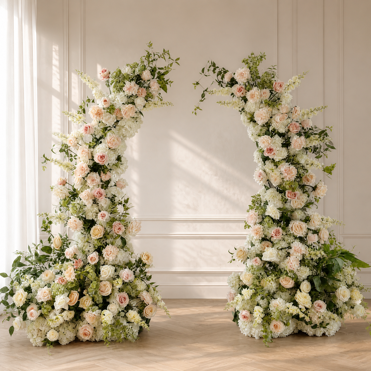 Tall blush and white floral arch pillar installation