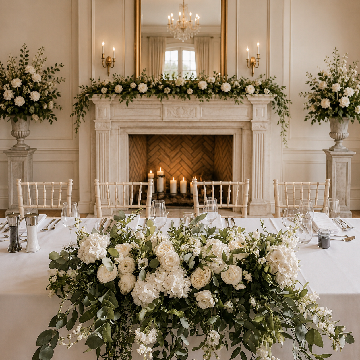 Elegant indoor reception head table with white florals